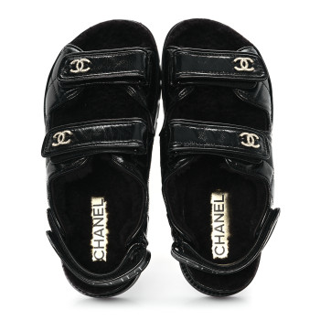 CHANEL Laminated Lambskin Shearling Crystal CC Velcro Dad Platform Sandals 38 Black