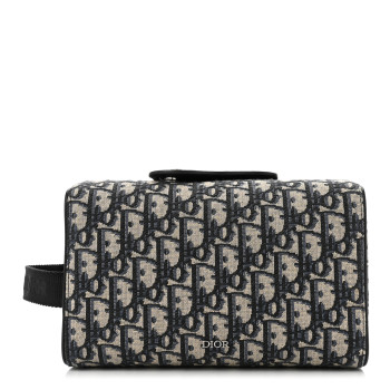 CHRISTIAN DIOR Oblique Jacquard Grained Calfskin Lingot Toiletry Case Blue Black