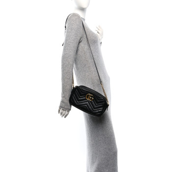 GUCCI Calfskin Matelasse Small GG Marmont Chain Shoulder Bag Black