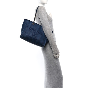 CHANEL Mixed Fibers Striped Small Deauville Tote Navy Blue