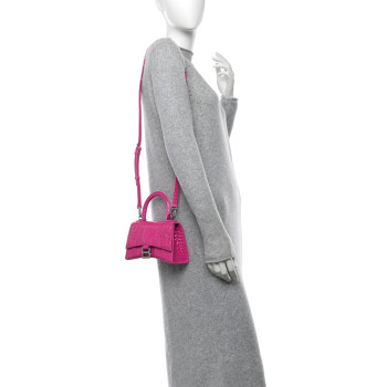 BALENCIAGA Shiny Calfskin Crocodile Embossed Hourglass Top Handle Bag XS Lipstick Pink