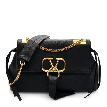 VALENTINO GARAVANI Pebbled Calfskin Small VRing Chain Shoulder Bag Black