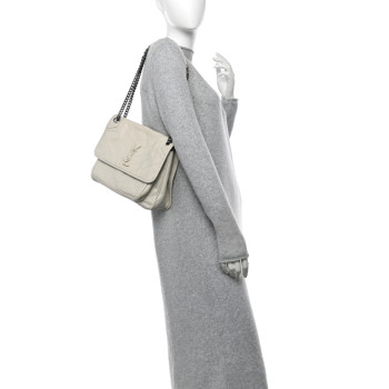 SAINT LAURENT Crinkled Calfskin Matelasse Monogram Medium Niki Chain Satchel Crema Soft