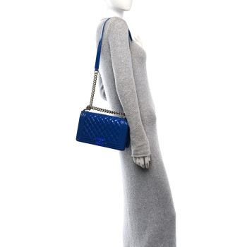 CHANEL Patent Calfskin Quilted Medium Plexiglass Boy Flap Blue