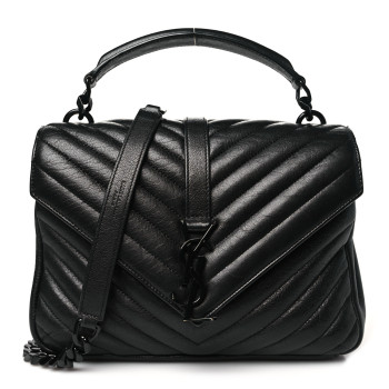 SAINT LAURENT Sheepskin Matelasse Chevron Monogram Monochrome Medium College Bag Black