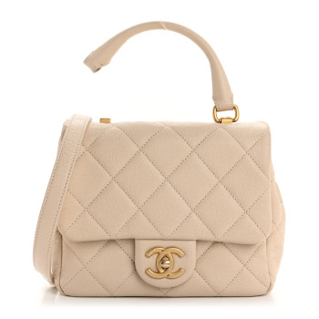 CHANEL Shiny Caviar Quilted Mini Top Handle Flap Ecru