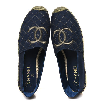 CHANEL Fabric Biarritz CC Espadrilles 38 Blue Green