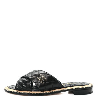 CHANEL Lambskin Quilted Chain CC Sandals 38 Black