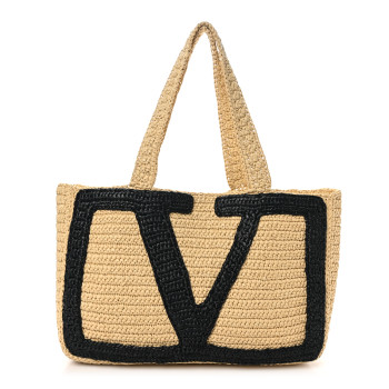 VALENTINO GARAVANI Raffia Large Viva Superstar Shopping Tote Natural Black