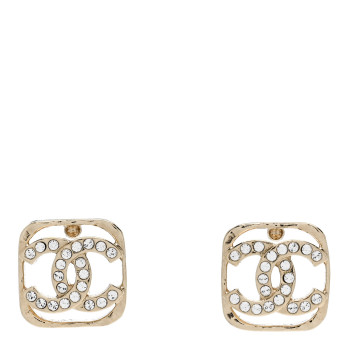 CHANEL Metal Crystal Square CC Earrings Gold