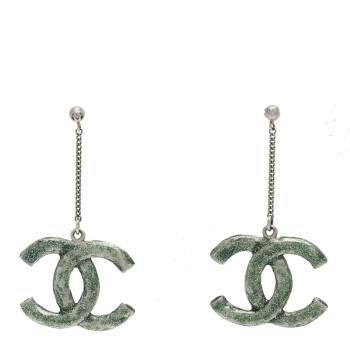 CHANEL Glitter Enamel CC Drop Earrings Silver Green