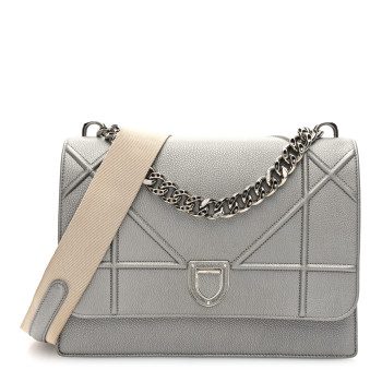 CHRISTIAN DIOR Metallic Grained Calfskin Diorama Satchel Silver