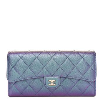 CHANEL Iridescent Caviar Quilted Large Gusset Flap Wallet Dark Blue