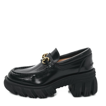 GUCCI Magnum Calfskin Nappa Samoa Womens Horsebit Platform Chunky Lug Sole 40mm Loafers 35 Black