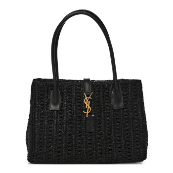 SAINT LAURENT Raffia Calfskin Panier Rectangle Tote Black