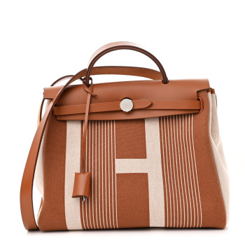 HERMES Vache Hunter Toile H Vibration Herbag Zip Retourne 31 PM Fauve Ecru Beige