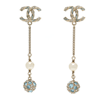 CHANEL Crystal Pearl CC Ball Chain Drop Earrings Gold Blue