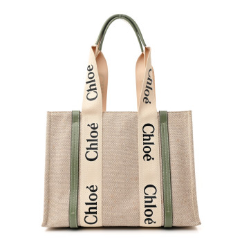 CHLOE Cotton Calfskin Medium Woody Ribbon Tote White Green