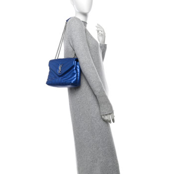 SAINT LAURENT Metallic Calfskin Y Quilted Monogram Small Loulou Chain Satchel Blue Royal