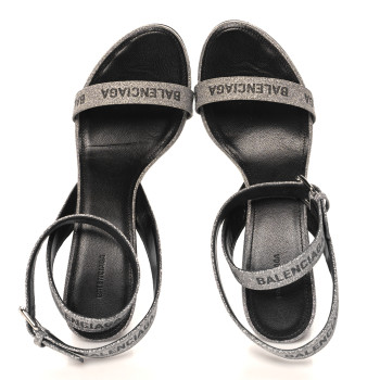 BALENCIAGA Glitter Allover Logo Ankle Strap Round Heel 80mm Sandals 38 Silver Black
