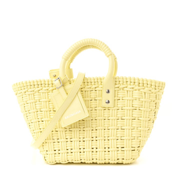 BALENCIAGA Varnished Faux Calfskin Braided XS Bistro Basket Pale Yellow