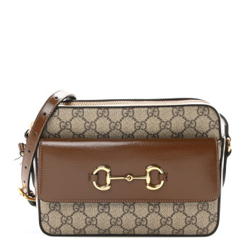 GUCCI GG Supreme Monogram Small Horsebit 1955 Shoulder Bag Beige Brown Sugar