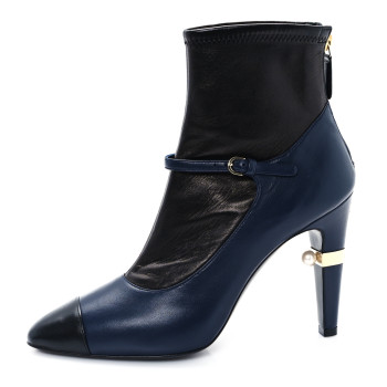 CHANEL Lambskin Booties 39 Black Navy