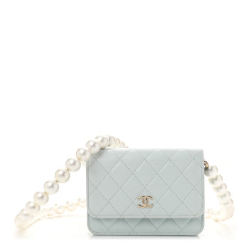 CHANEL Calfskin Quilted Mini Maxi Pearls Wallet On Chain WOC Light Blue