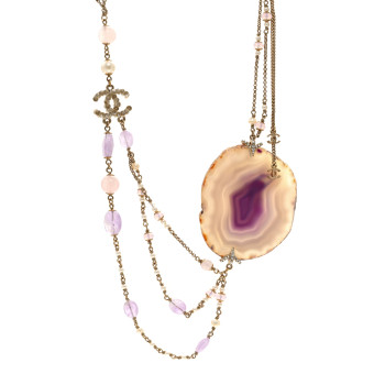 CHANEL Beaded Quartz Amethyst Crystal CC Chain Necklace Gold Purple