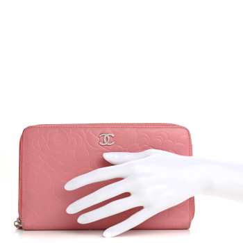 CHANEL Lambskin Camellia Embossed Zip Around Organizer Wallet Pink