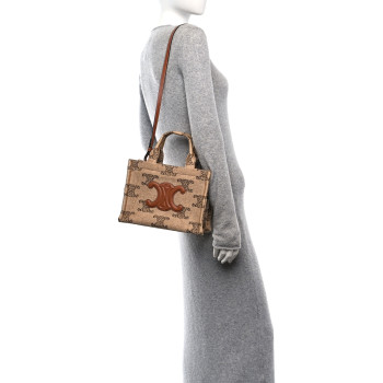 CELINE Raffia Effect Leopard Calfskin Triomphe Small Cabas Thais Natural Tan