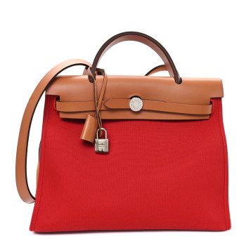 HERMES Vache Hunter Toile Herbag Zip 31 PM Rouge Tomate Natural