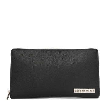 BALENCIAGA Grained Calfskin Zip Card Case Wallet Black