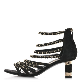 CHANEL Kid Suede Chain CC Sandals 38 Black