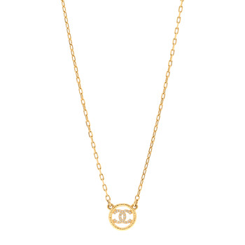 CHANEL Crystal Metal CC Round Pendant Necklace Gold
