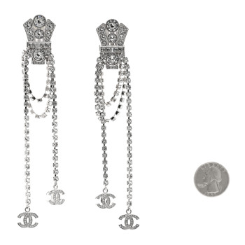 CHANEL Crystal CC Crown Chandelier Drop Clip On Earrings Silver