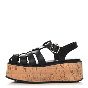 PRADA Rubber Soft Cork Triangle Fisherman 75mm Platform Sandals 37 Black