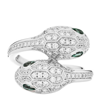 BULGARI 18K White Gold Diamond Emerald Serpenti Seduttori Two Head Ring 55 7.25