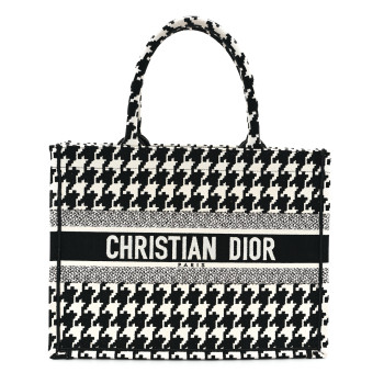 CHRISTIAN DIOR Canvas Macro Houndstooth Embroidered Medium Book Tote Black White