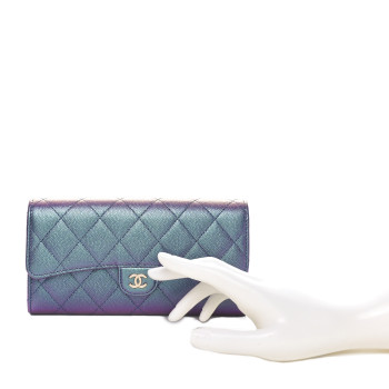 CHANEL Iridescent Caviar Quilted Large Gusset Flap Wallet Dark Blue