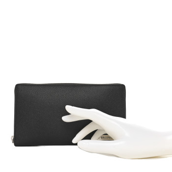 BALENCIAGA Grained Calfskin Zip Card Case Wallet Black