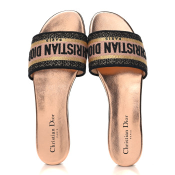 CHRISTIAN DIOR Canvas Lurex Embroidered Dway Flat Slide Sandals 40 Black Gold