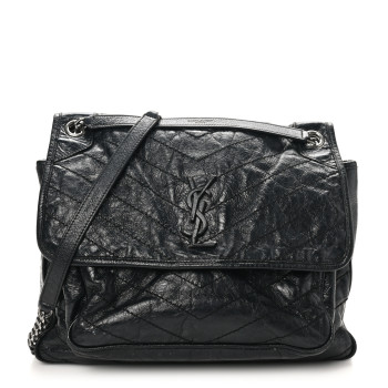 SAINT LAURENT Crinkled Calfskin Matelasse Monogram Large Niki Chain Satchel Black