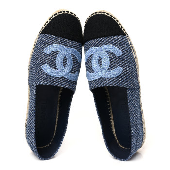 CHANEL Cotton Tweed CC Espadrilles 40 Blue Ecru Black