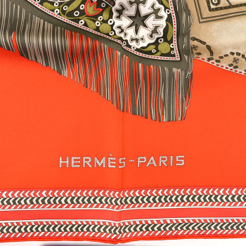 HERMES Silk Selle Des Steppes Scarf 90 Orange Kaki Corail