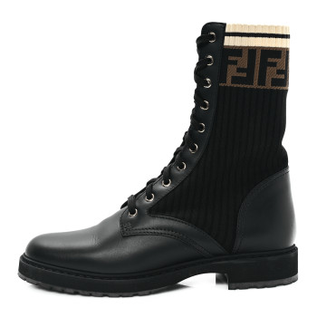FENDI Calfskin Stretch Fabric Rockoko Biker Boots 41 Tobacco Black Marino