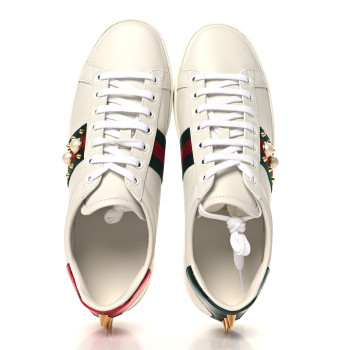 GUCCI Calfskin Web Pearl Studded Womens Ace Sneakers 39.5 White