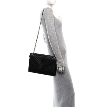 SAINT LAURENT Grain De Poudre Textured Mixed Matelasse Large Triquilt Monogram Satchel Black