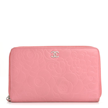 CHANEL Lambskin Camellia Embossed Zip Around Organizer Wallet Pink