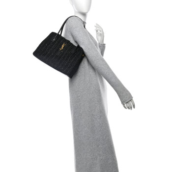 SAINT LAURENT Raffia Calfskin Panier Rectangle Tote Black